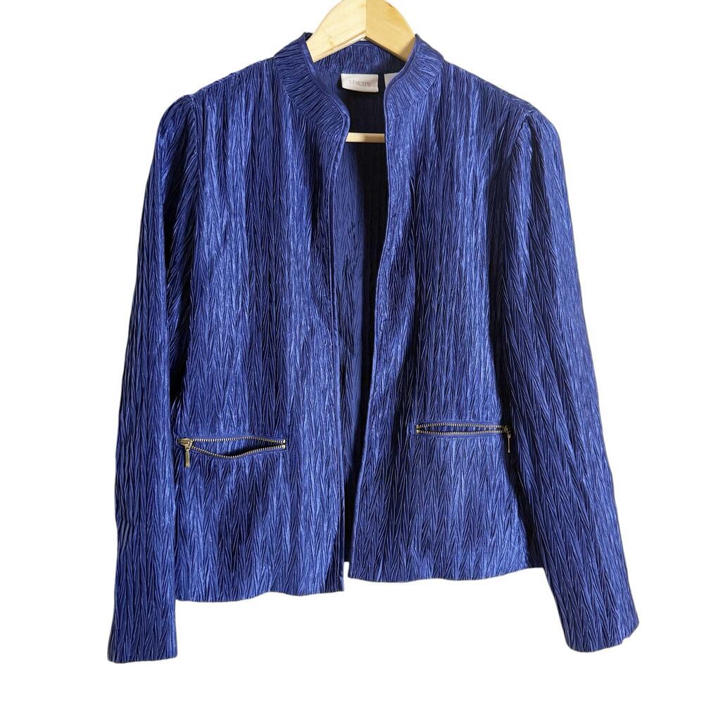Chico’s Cobalt Blue Crinkled Plisse Satin Band Collar Jacket Size 4
